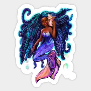 mermaid with flowing braids and conch sea shell , brown eyes curly Afro hair and caramel brown skin Sticker